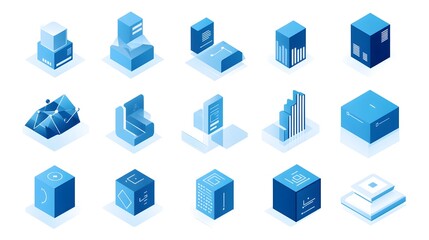 Wall Mural - fifteen distinct isometric blue blocks with varying graphic designs