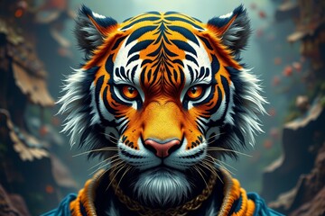 Wall Mural - tiger with a blue shirt and a chain around its neck