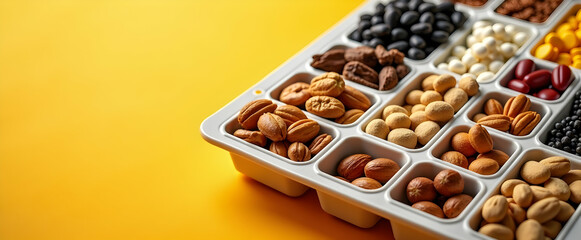 a vibrant array of nuts and seeds in a neat, organized tray. a healthy and delicious snack!