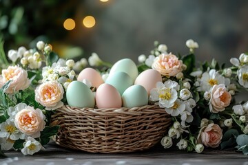 Wall Mural - Easter eggs and flowers decorating a wicker basket on a wooden table