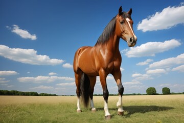 Wall Mural - there is a brown horse standing in a field with a blue sky