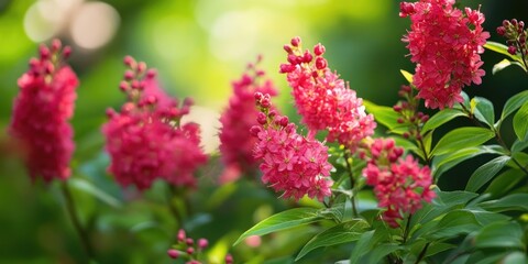 Wall Mural - vibrant pink spiraea japonica flowers with lush green leaves gracefully positioned against a softly 