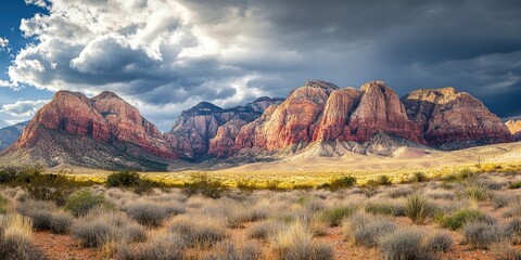 Wall Mural - Vibrant red rock formations under dramatic stormy clouds with golden grassland in the foreground creating a striking natural landscape scene.