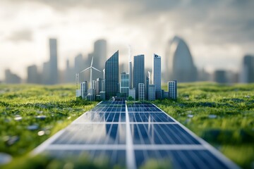 Wall Mural - Green city model on solar panel, wind turbines, cityscape background