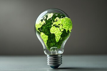 Wall Mural - Green Earth inside Lightbulb on Grey Background