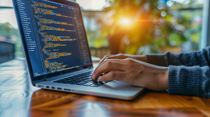 Laptop with Code on Screen in Bright Natural Workspace..