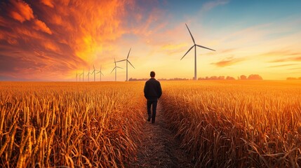 Wall Mural - Wind Turbines Silhouetted Against Vibrant Sunset Sky in Rural Countryside Landscape