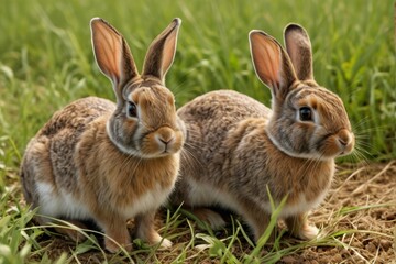 Wall Mural - two rabbits are sitting in the grass with their ears up