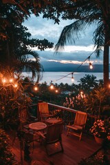 Wall Mural - Cozy outdoor seating area overlooking ocean at dusk. Palm trees, flowers