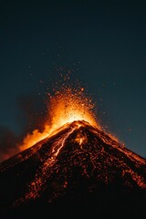 Volcano erupts, spewing lava on a dark landscape background for geology materials