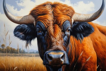 Wall Mural - painting of a cow with horns standing in a field of tall grass