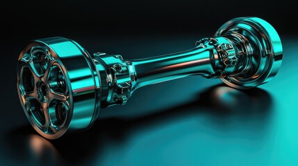 a detailed crankshaft with smooth metallic reflections, set on a deep cyan and black background