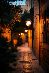 Wall Mural - Narrow cobblestone alley lit by lantern, trees and building views at dusk, travel image