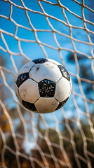 Wall Mural - Soccer ball in net, goal, field, sunny day, sport