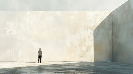 Wall Mural - Man facing with large wall sunlit space background minimal.