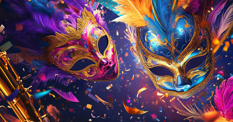 A dynamic carnival-themed background features colorful masks, confetti, and musical instruments in rich purple, blue, and gold tones, with two striking Venetian-style masks as the central focus.