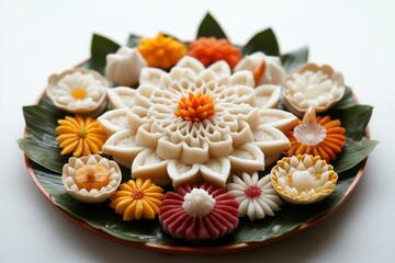 Wall Mural - Elaborate Flower Shaped Pastries Arranged on Plate With Green Leaves For Sale