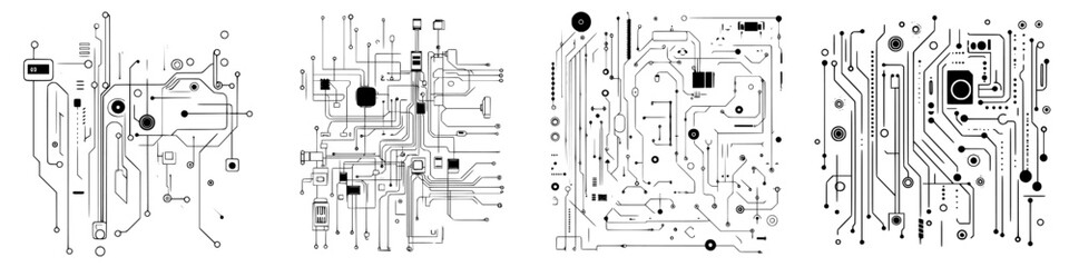 hand-drawn vector illustration of complex circuit board designs in a minimalist style displaying var
