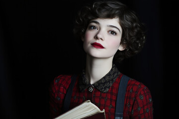 A young woman with curly hair and red lipstick, wearing a patterned dress, holding a book against a dark background.