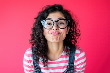 Wall Mural - A young woman with curly hair and glasses making a playful expression against a pink background.