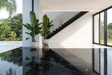 Wall Mural - Indoor modern interior with stairs, plants and exterior green garden background