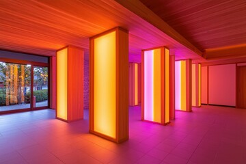 Sticker - Illuminated Columns in Pink and Orange Hue, Hallway Interior. Design, Architecture