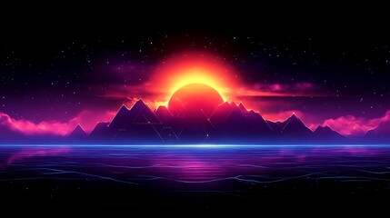 Wall Mural - Retro Sunset Over Geometric Mountains and Calm Water