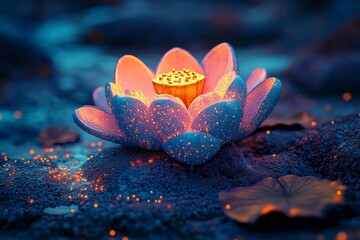 Poster - The serene blue background provides a stunning setting for a beautiful glowing lotus flower illuminated by sparkling lights