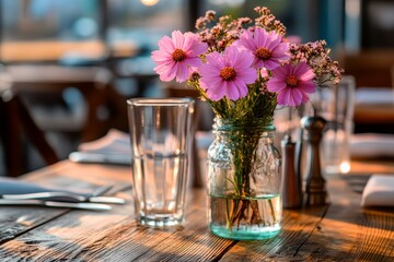 Poster - The soft sunlight illuminates an elegantly set table with a beautiful pink flower centerpiece