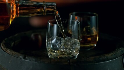 Fototapete - Super Slow Motion of Pouring Whisky into Glass with Camera Motion. Filmed on High Speed Cinema Camera, 1000 fps. 