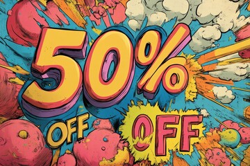 Wall Mural - A fifty percent discount is prominently featured in a bright and colorful graphic filled with vibrant design elements and splashes of color