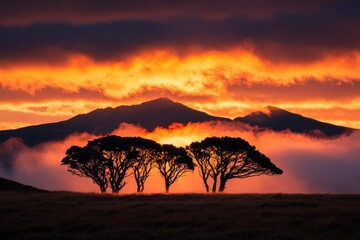 Wall Mural - silhouetted trees on horizon during majestic sunset. mountains behind clouds