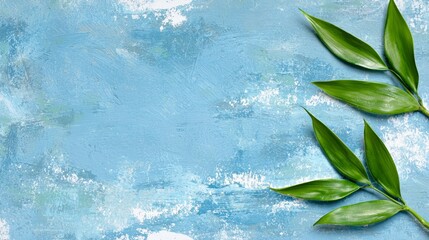 Wall Mural -  two green bamboo leaves on a blue background, creating a vibrant and eye-catching contrast The leaves are arranged in a symmetrical pattern, with one leaf slightly