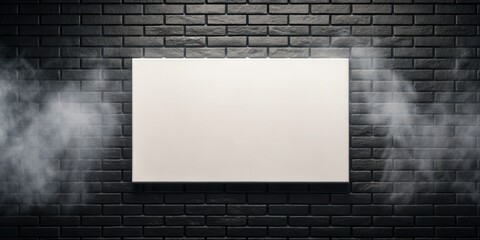 Wall Mural - Blank horizontal canvas frame on black brick wall with soft smoke effect