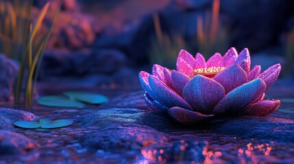 Wall Mural - On a dark background that sparkles, a beautiful water lily is floating