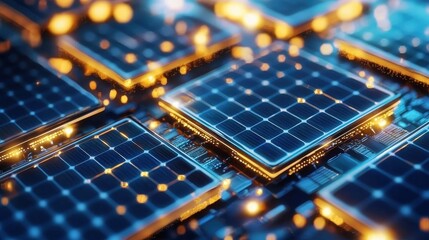 Poster - Closeup view of solar energy panels with glowing circuits and futuristic technology background