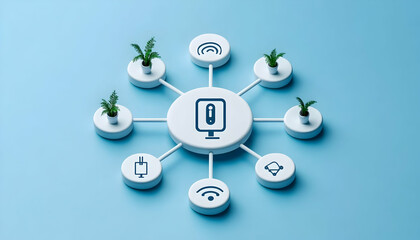 Network connection showing computer monitor surrounded by various connection devices
