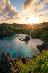 Wall Mural - Serene coastal bay at sunset; turquoise waters, sunbeams, lush background for travel