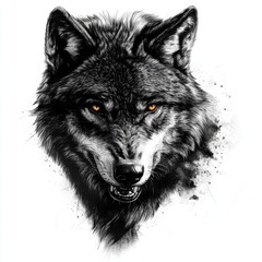 Wall Mural -   a black and white drawing of a wolf's head with yellow eyes against a white background