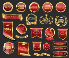 Wall Mural - award winner, premium and gold award emblem and laurel red and gold isolated on gray background