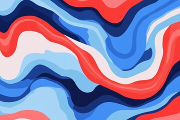 An abstract design consisting of wavy blue and red lines is set on a white background