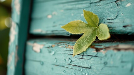 Wall Mural -  a green leaf sitting atop a blue wooden bench, with a blurred background The leaf is vibrant and stands out against the blue of the bench, making it the focal poin