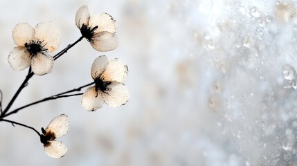 Canvas Print -  a branch of white flowers with water droplets on it, set against a blurred background The flowers are in sharp focus, while the background is slightly out of focus