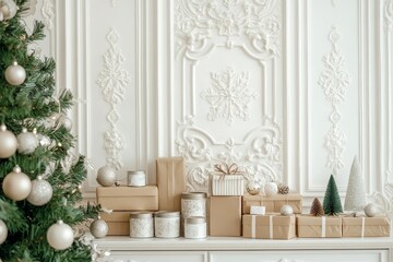 Wall Mural - White Wooden Sideboard with Christmas Decorations and Green Accents on Wall, Macro Shot Highlighting Ornaments in High Detail