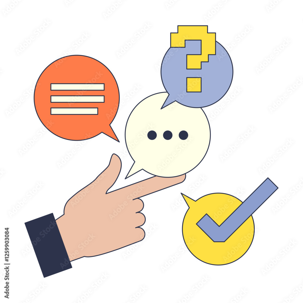 A hand points to speech bubbles with text, question mark, and check ...