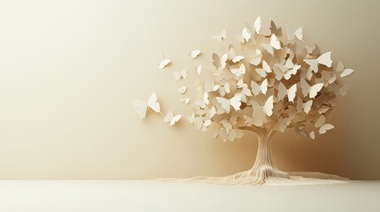 Wall Mural - Paper butterflies with flutter from beige tree minimalist background.