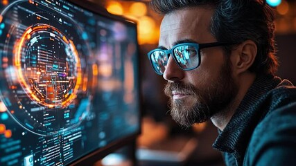 Digital Deep Dive: A focused programmer peers intently at a monitor displaying intricate data visualizations. The image captures the essence of concentration, technology, and innovation.