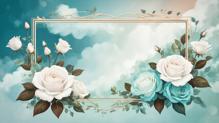 Wall Mural - elegant decorative frame surrounded by clouds and white roses