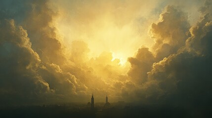 Canvas Print - Golden Hour Cityscape: Dramatic Cloudscape Over City at Sunset