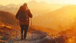 © javier - Elderly hiker scaling a mountain path sunrise casting a warm glow
